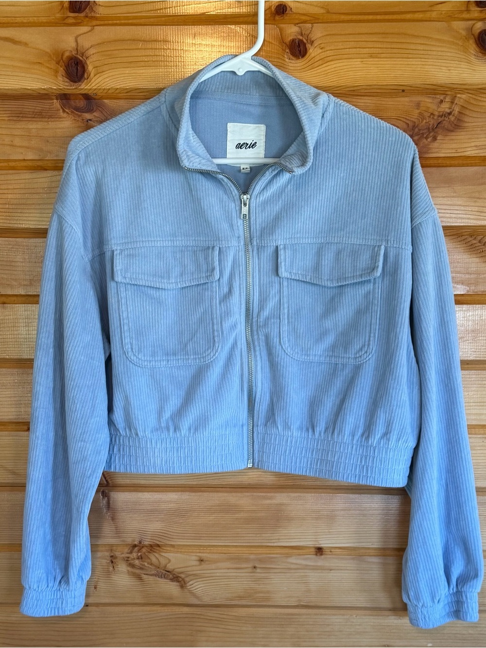 Aerie Light Blue Corduroy Cropped Zip-Up Jacket